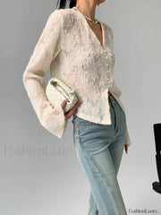 V Neck Ruffle Graceful Long Sleeve Blouse Blouses