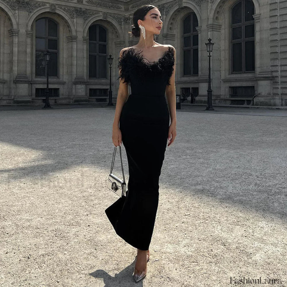 V Neck Tube Top Fishtail Fluffy Maxi Dress