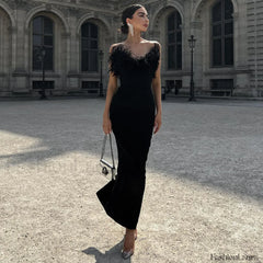 V Neck Tube Top Fishtail Fluffy Maxi Dress