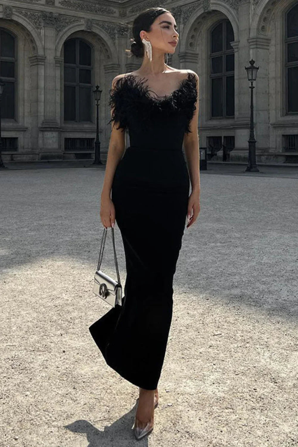 V Neck Tube Top Fishtail Fluffy Maxi Dress Black / S