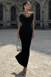 V Neck Tube Top Fishtail Fluffy Maxi Dress Black / S