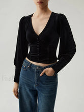 Velvet Buttoned V neck Trendy Long Sleeve Crop Top Black / XS Blouses