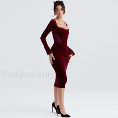 Velvet Long Sleeve Lace Trim Mesh Panel Corset Bodycon Midi Dress Burgundy M / Burgundy Velvet Dresses