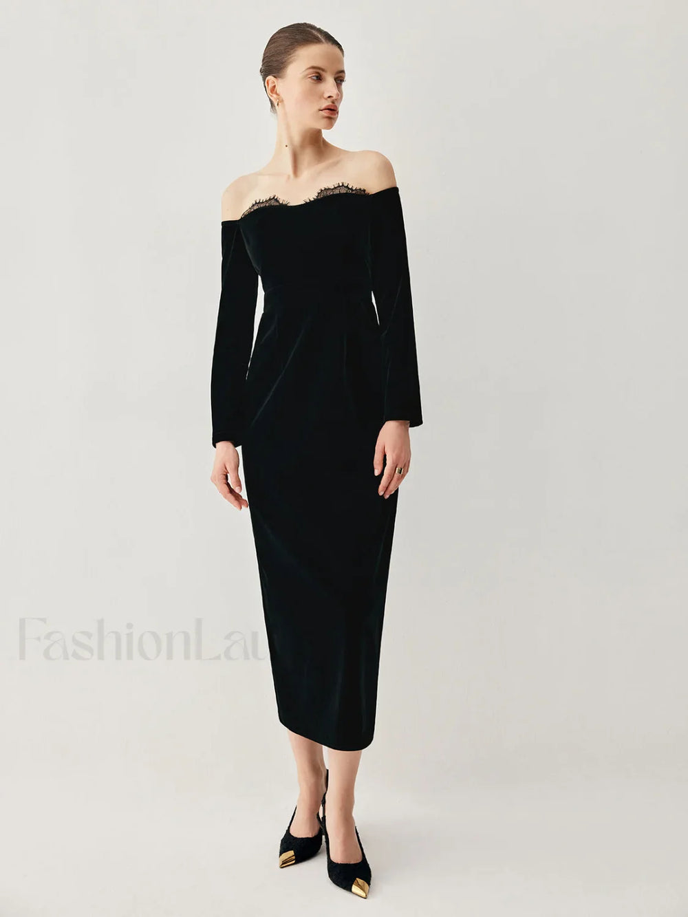 Velvet Off shoulder Patchwork Trendy Slit Midi Dress Dresses