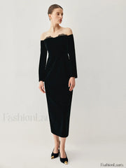 Velvet Off shoulder Patchwork Trendy Slit Midi Dress Dresses