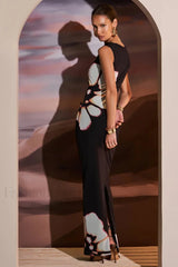 Vintage Floral Sleeveless Cutout Bodycon Maxi Dress