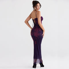 Vintage Flower Print Mesh Panel Lace Up Back Slip Maxi Dress Black L / Black Formal Dresses