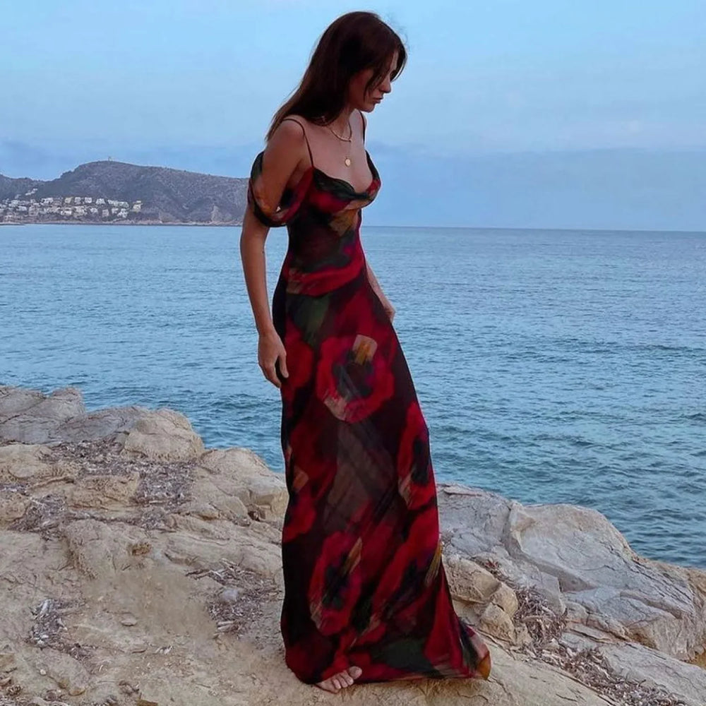 Vintage Print Cowl Neck Cold Shoulder Vacation Maxi Dress Red L / Red Vacation Dresses