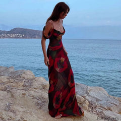 Vintage Print Cowl Neck Cold Shoulder Vacation Maxi Dress Red L / Red Vacation Dresses