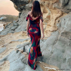 Vintage Print Cowl Neck Cold Shoulder Vacation Maxi Dress Red M / Red Vacation Dresses