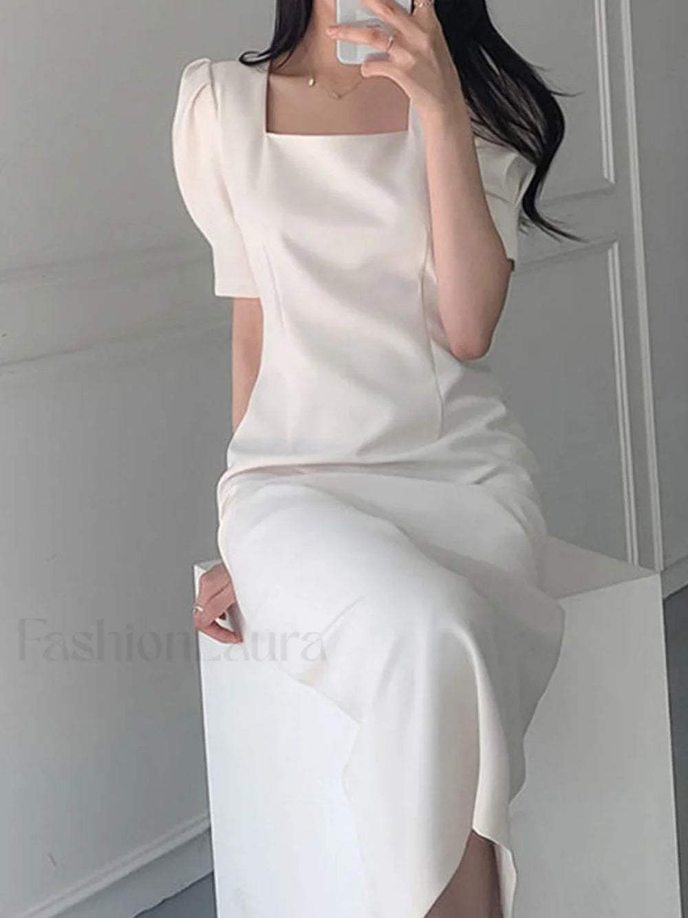 Vintage Puff Sleeve Split Maxi Dress Midi Dresses