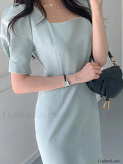 Vintage Puff Sleeve Split Maxi Dress Midi Dresses