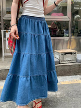 Vintage Ruffle Hem Korean Casual Elastic Waist Long Skirt Blue / One Size