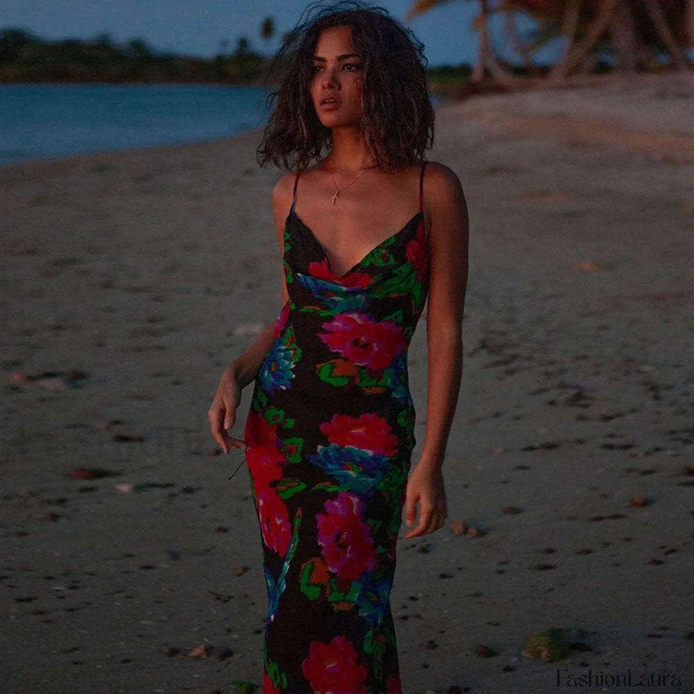 Vintage Style Floral Printed Cowl Neck Slip Maxi Dress Black L / Black Vacation Dresses