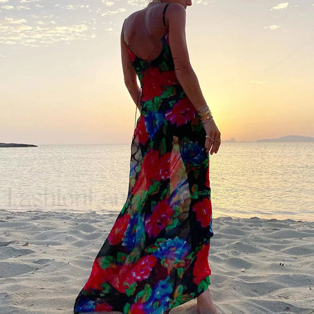 Vintage Style Floral Printed Cowl Neck Slip Maxi Dress Black M / Black Vacation Dresses