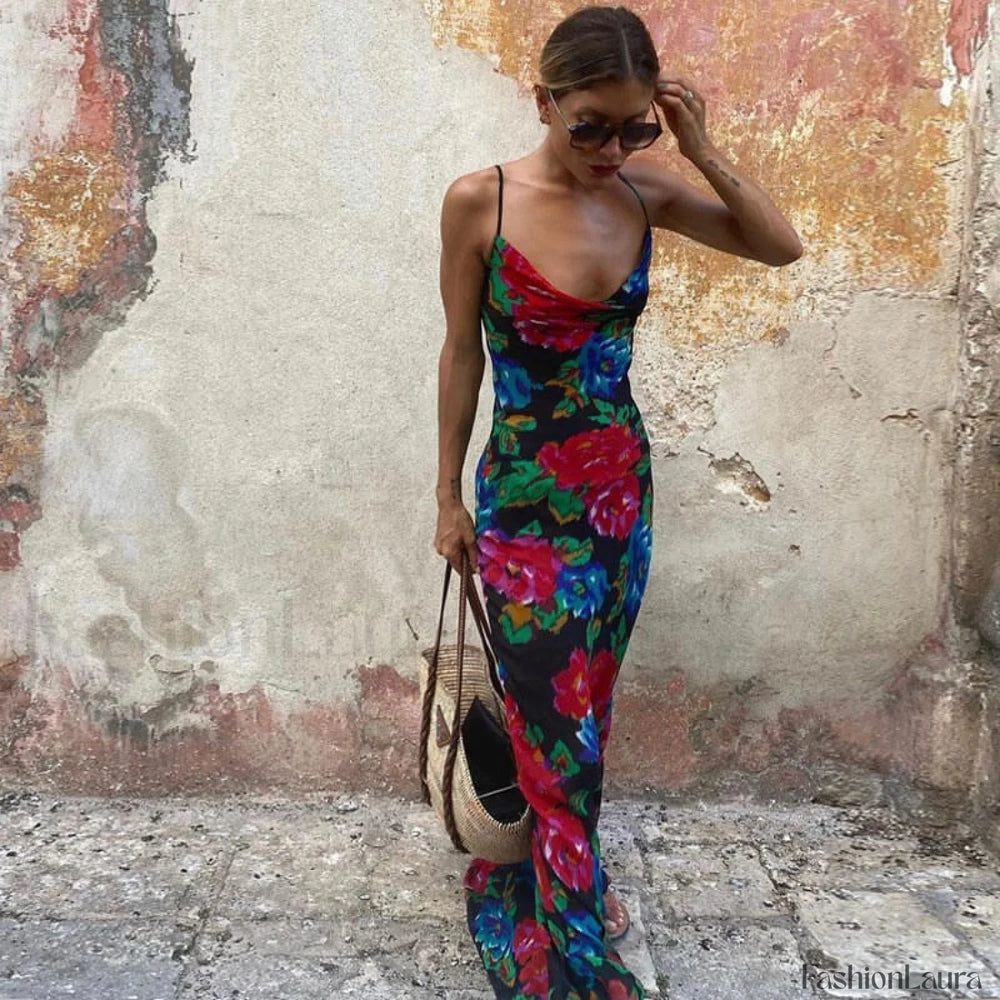 Vintage Style Floral Printed Cowl Neck Slip Maxi Dress Black S / Black Vacation Dresses