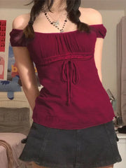 Vintage Tie Front Lace Trim Blouse Red / S Short Sleeves