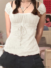 Vintage Tie Front Lace Trim Blouse Short Sleeves