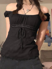 Vintage Tie Front Lace Trim Blouse Short Sleeves