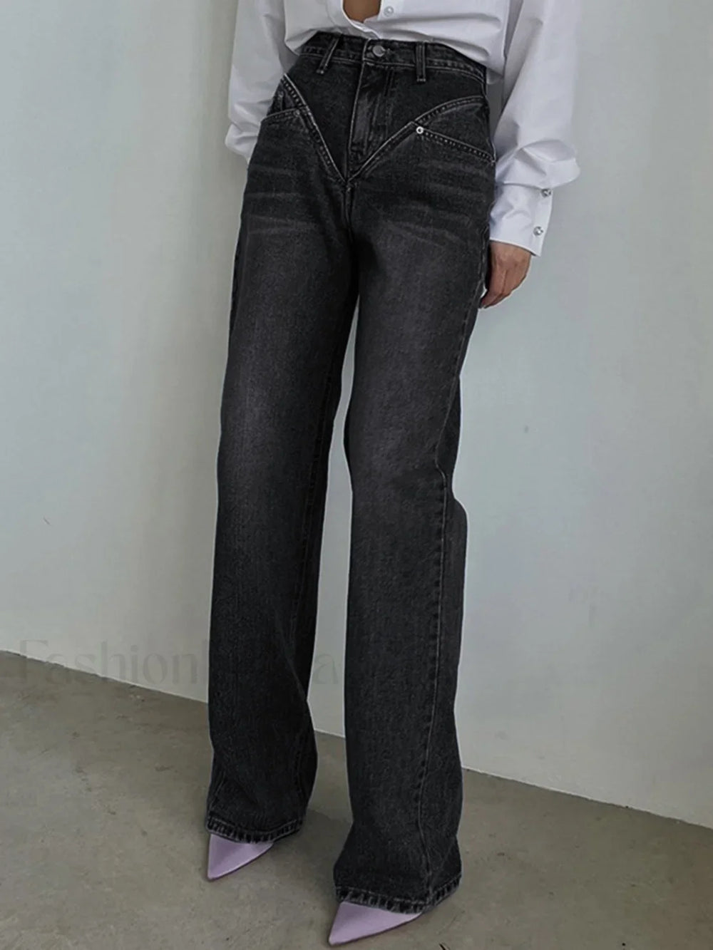Vintage Wash Denim Trendy Straight Leg Jeans Black / XS Jeans