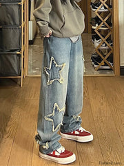 Vintage Wash Distressed Star Patch Boyfriend Jeans Boyfriend Jeans