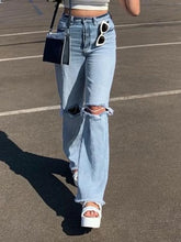 Washed High Waist Knee Ripped Jeans Blue / S Jeans