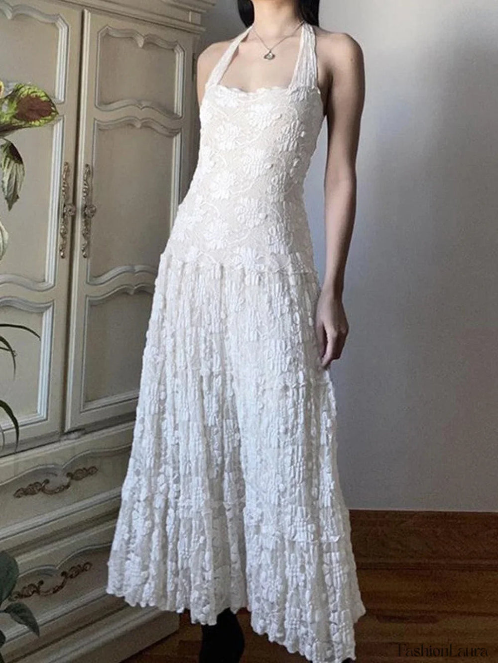 White Floral Lace Halter Maxi Dress White / S Maxi Dresses