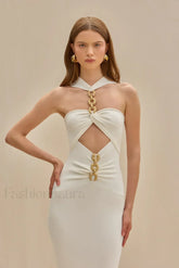 White Halter Bandage Midi Dress Beige / S