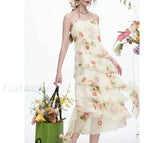 White Irregular Sling Floral Dress Beige / S