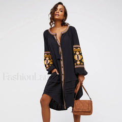 White Puff Sleeve Boho Dress Black / S