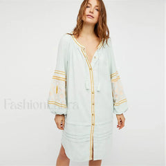 White Puff Sleeve Boho Dress Light green / S