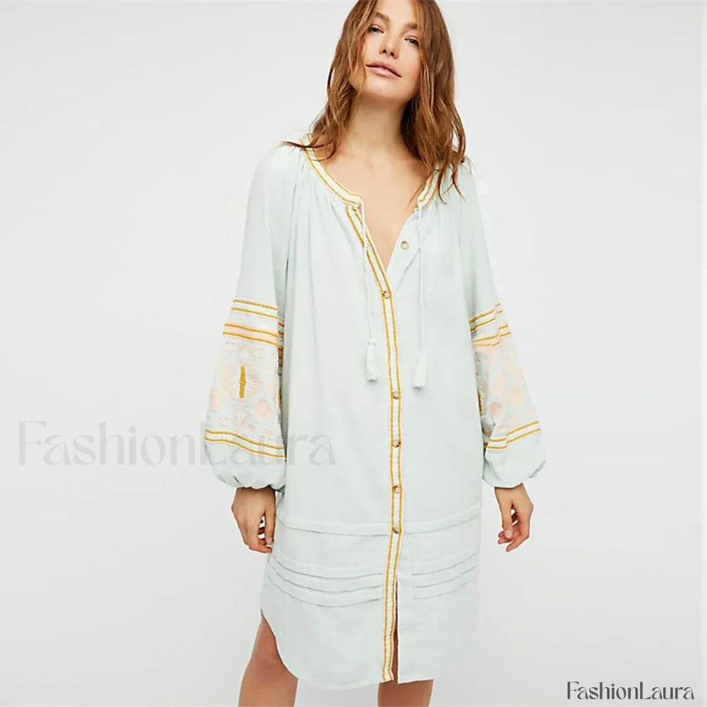 White Puff Sleeve Boho Dress Light green / S
