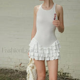 White Ruffles Summer Fashion Sleeveless Slim Tank 2024 Female O neck Casual Outfits Mini Dress