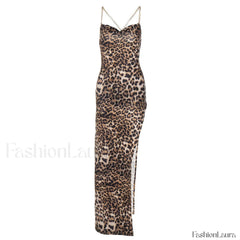 Wild Printed High Slit Cowl Neck Cross Chain Maxi Dress Leopard Party Dresses