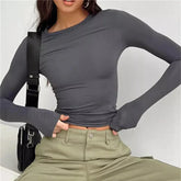 Women Long Sleeve Solid Slim Fit Casual Crop Top