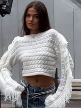 Women Vintage Solid Tassel Short Fashion Long Sleeve Knitted Pullover Sweater White / S Sweaters L