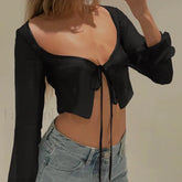 Women’s Long Sleeve Solid Tie Up Mesh Crop Top