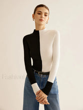 Wool Blend Two Tone Skinny Knit Top BlackandWhite / XS Knit Tops