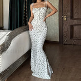 Y2K Floral Print Square Collar Spaghetti Strap Floral Dress white / S