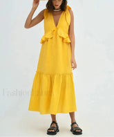 Yellow Linen Ruffle Midi Dress Yellow / S