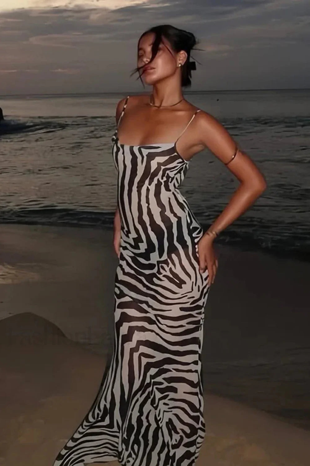 Zebra Print Backless Strappy Slim Floral Dress