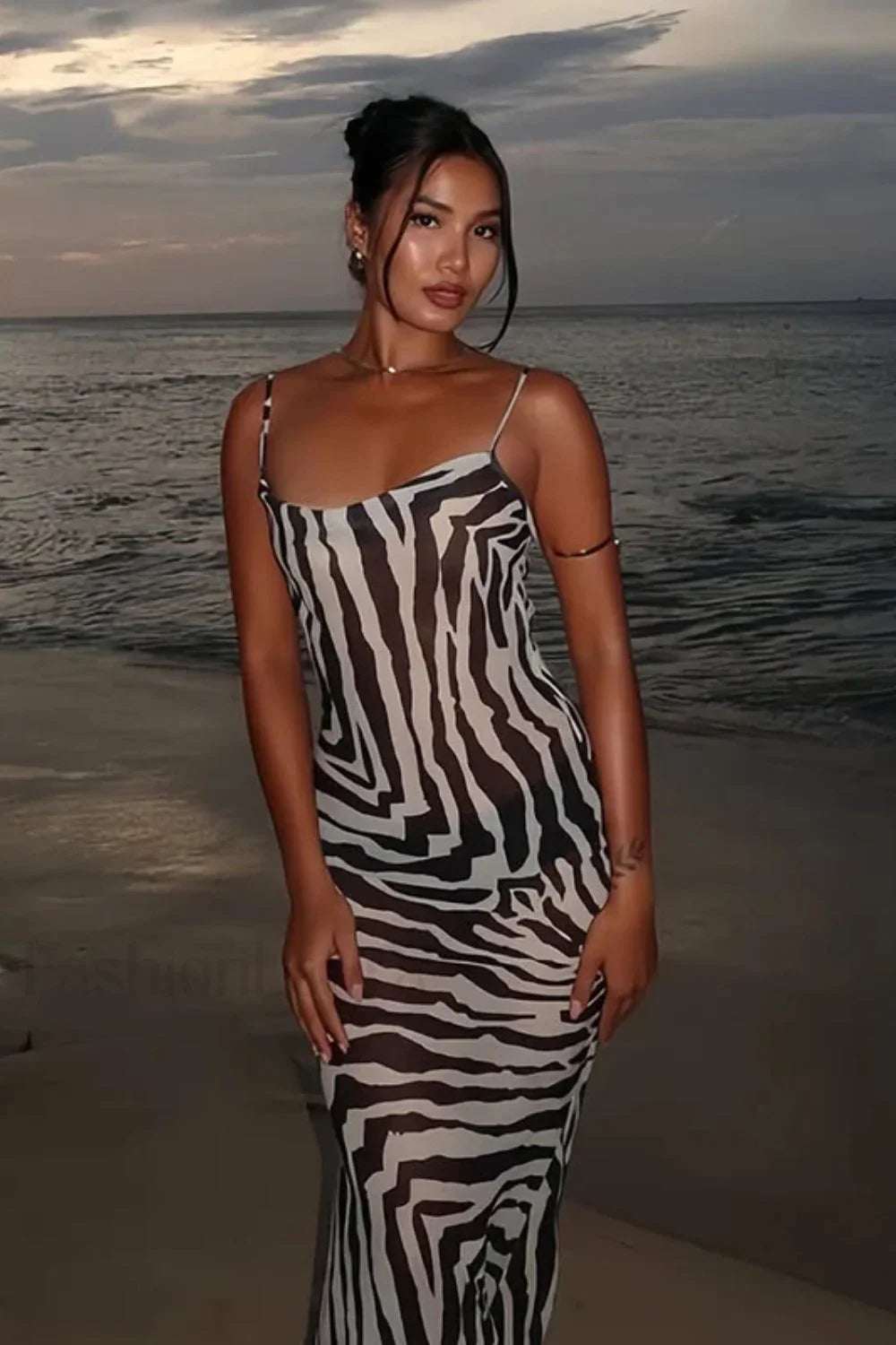 Zebra Print Backless Strappy Slim Floral Dress