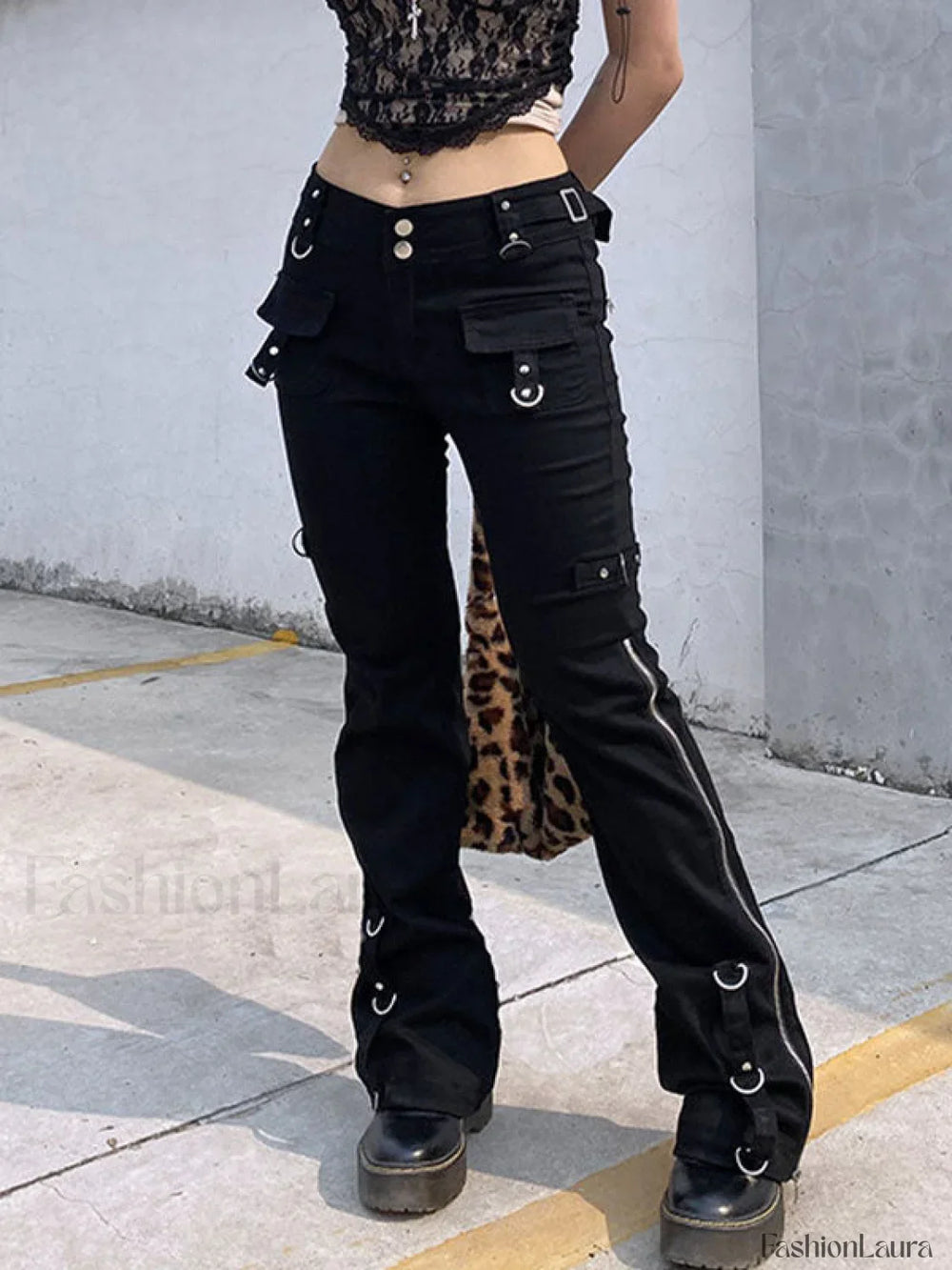 Zipper Design Low Waist Flare Cargo Jeans Black / S Cargo Jeans