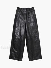 Zippered Faux Leather Trendy Straight Leg Mid waist Pants Pants