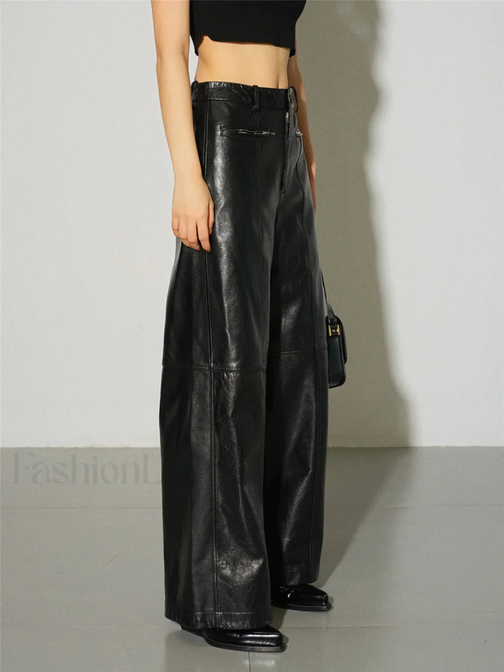Zippered Faux Leather Trendy Straight Leg Mid waist Pants Pants
