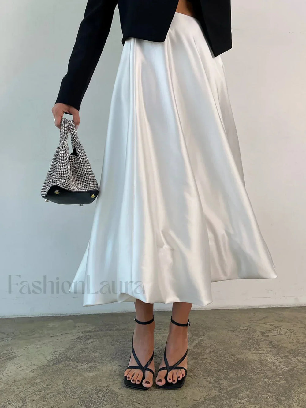Zippered Satin Graceful A Line Midi Skirt Off White / XS Skirts