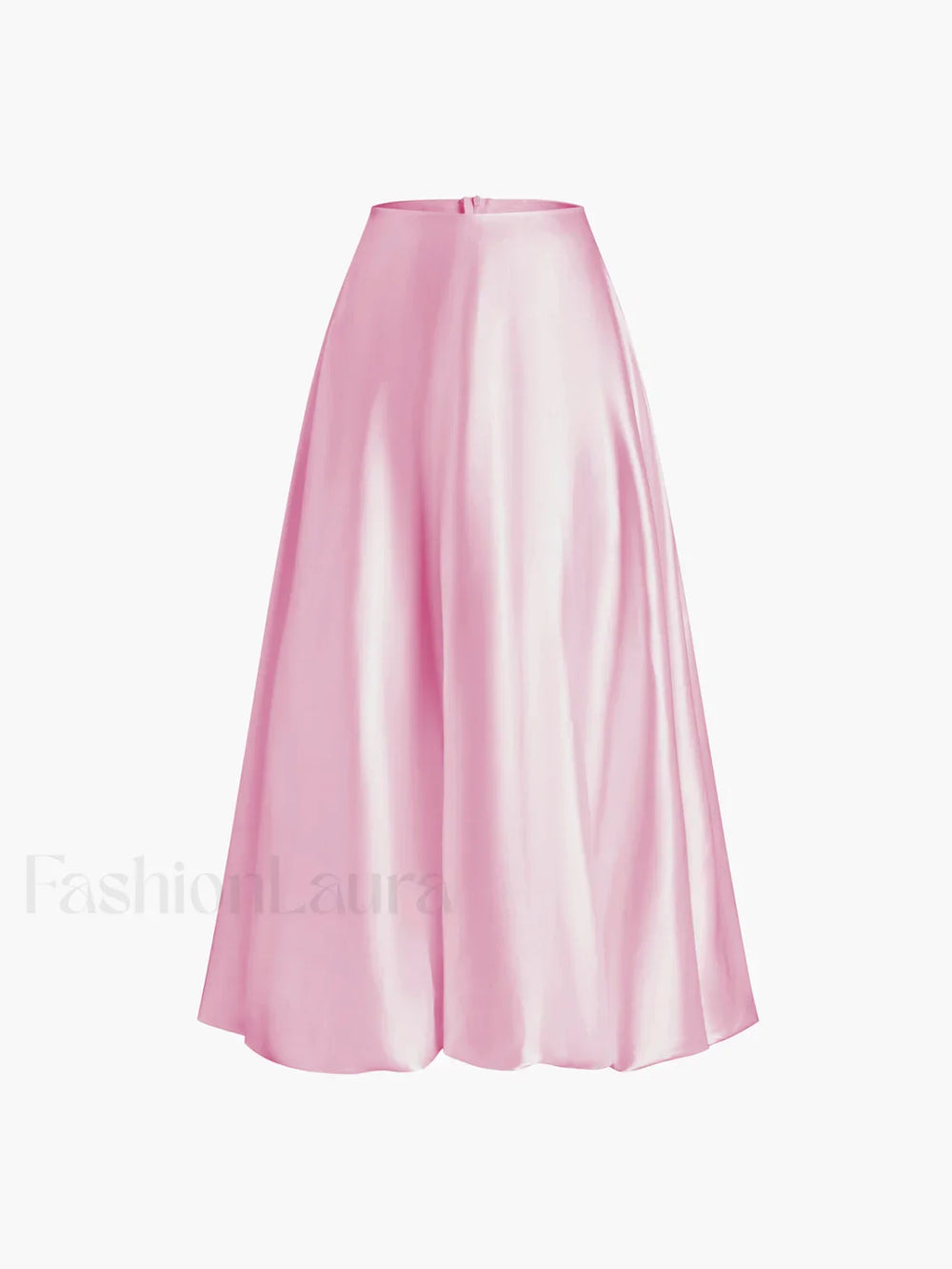 Zippered Satin Graceful A Line Midi Skirt Pink / XS Skirts