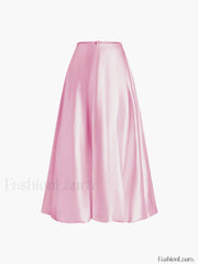 Zippered Satin Graceful A Line Midi Skirt Pink / XS Skirts