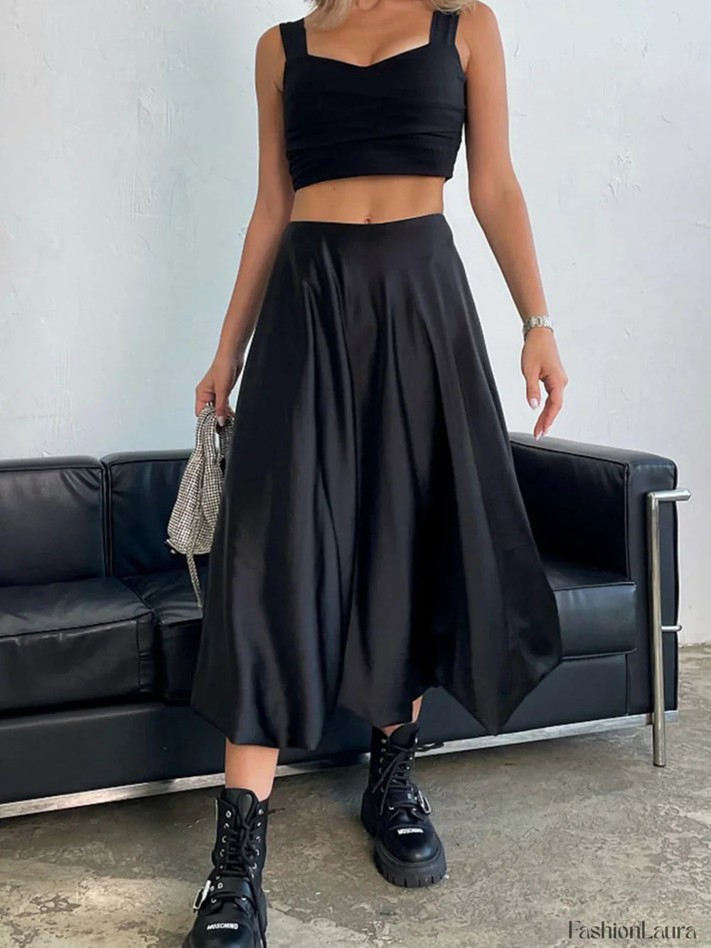 Zippered Satin Graceful A Line Midi Skirt Skirts