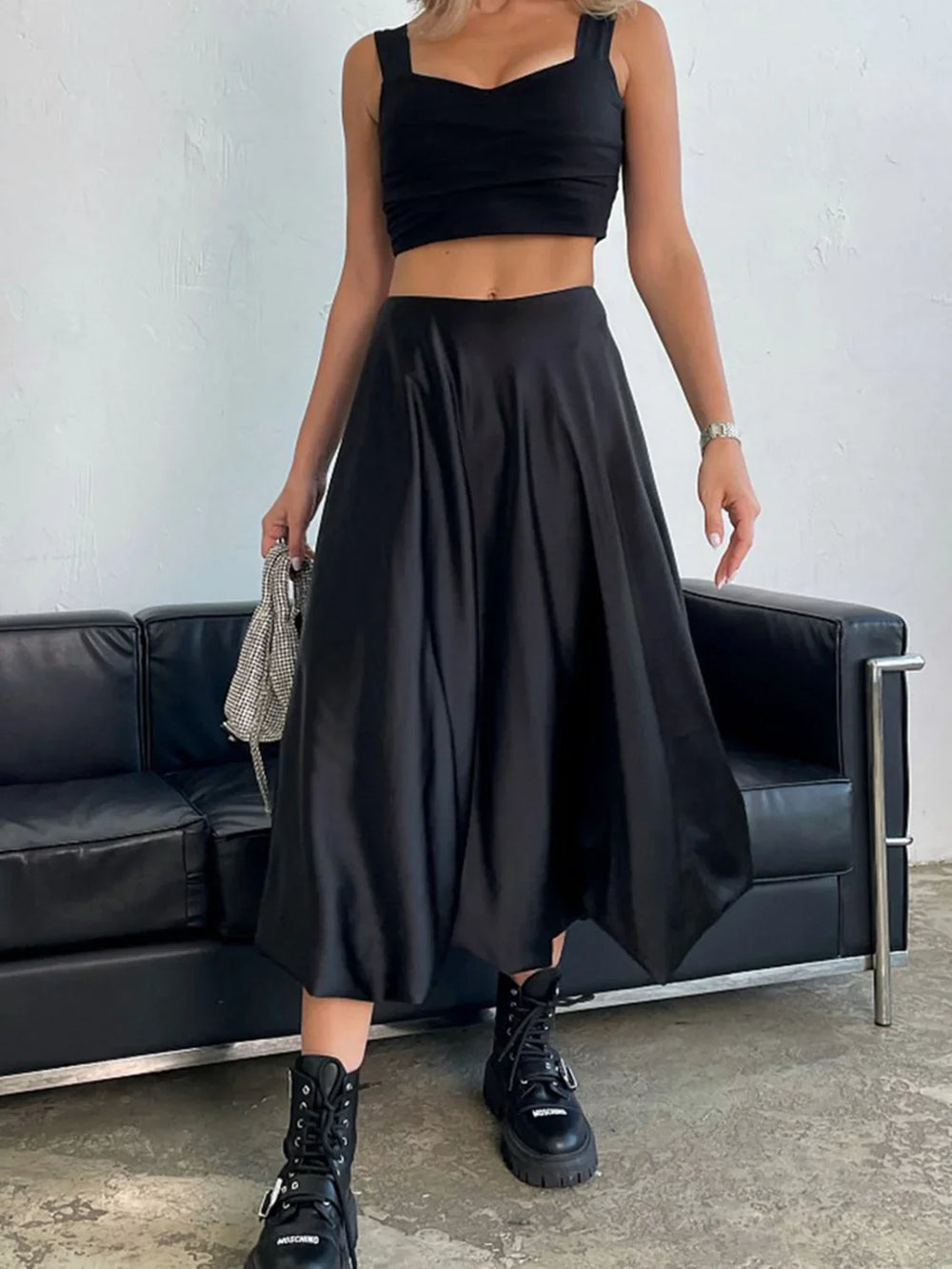 Zippered Satin Graceful A Line Midi Skirt Skirts